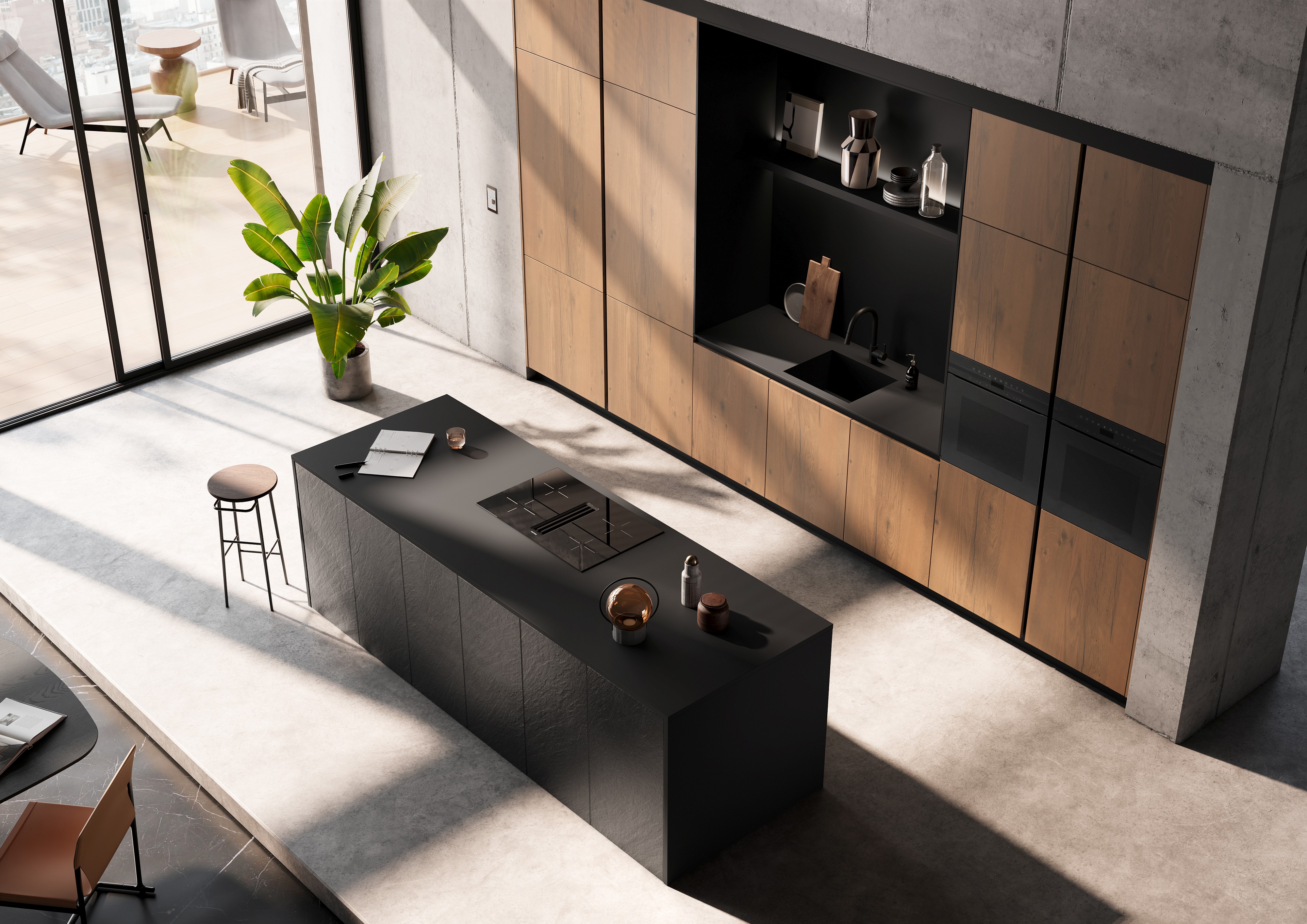 Häcker systemat Schwarze Kücheninsel vor wandbündiger Küchenzeile in Wildeiche